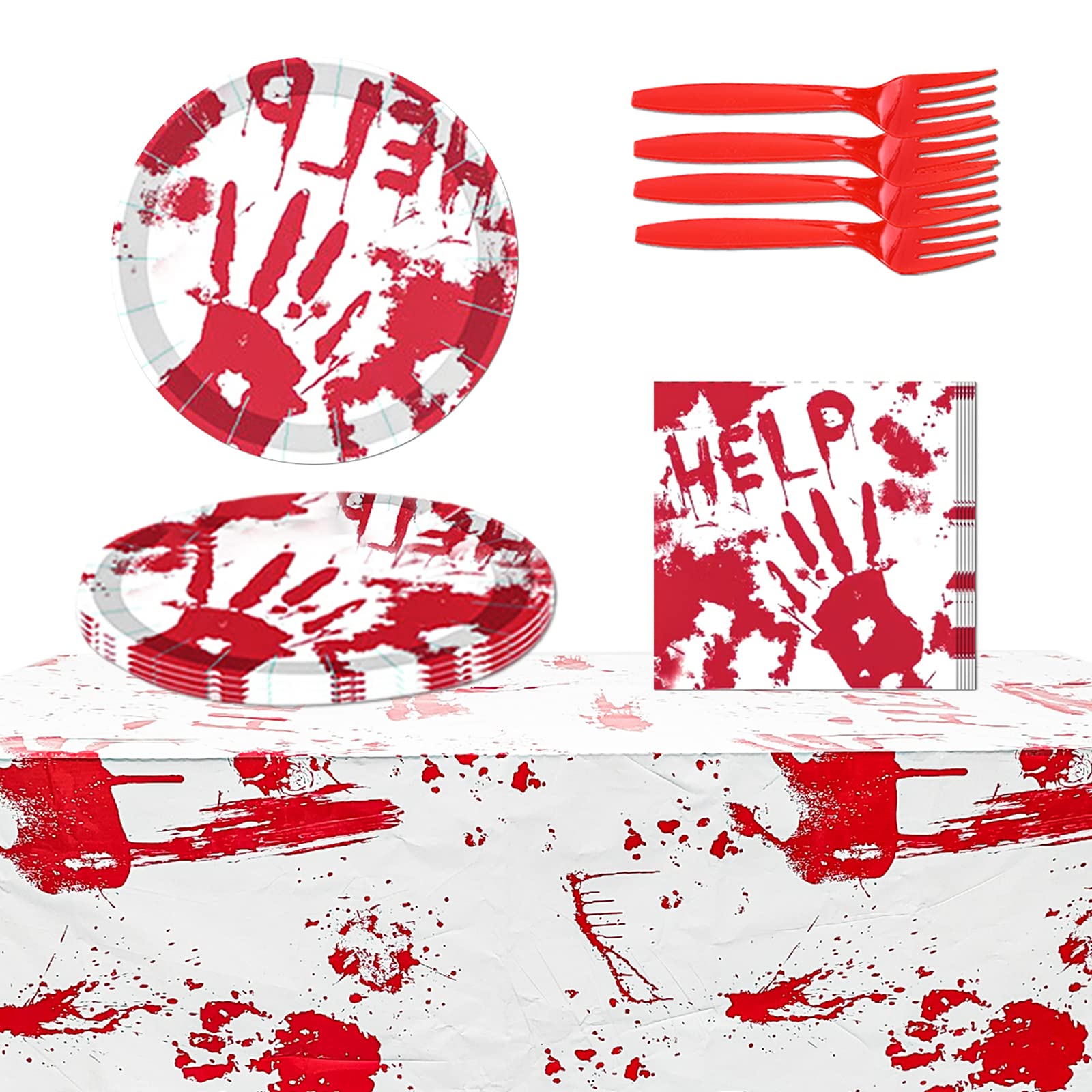 Airoads Scary Halloween Party Supplies Halloween Bloody Tableware Set Serves 20 Guests,Halloween Decoration Set with Horror Bloody Tablecloths, Plates, Napkins, Forks for Scary Party Decorations