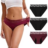 INNERSY Period Underwear for Women Cotton Lace Leakproof Menstrual Hipster Panties Bikini Briefs 3-Pack