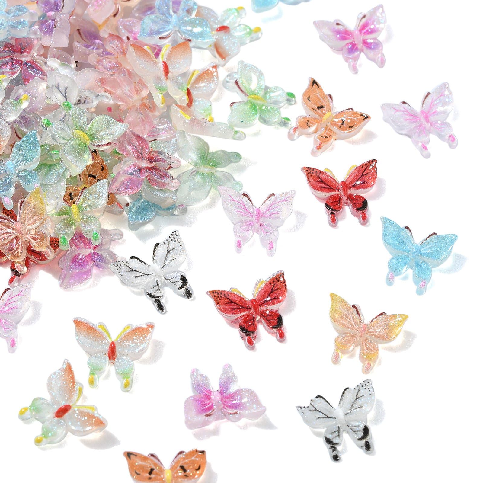 Stiesy 100 Pcs 10 Styles 3D Butterfly Nail Art Charms Mixed Color Resin Glitter Butterflies Nail Charms Beads Flatback No Hole Beads for Women Manicure DIY Jewellry Making Craft