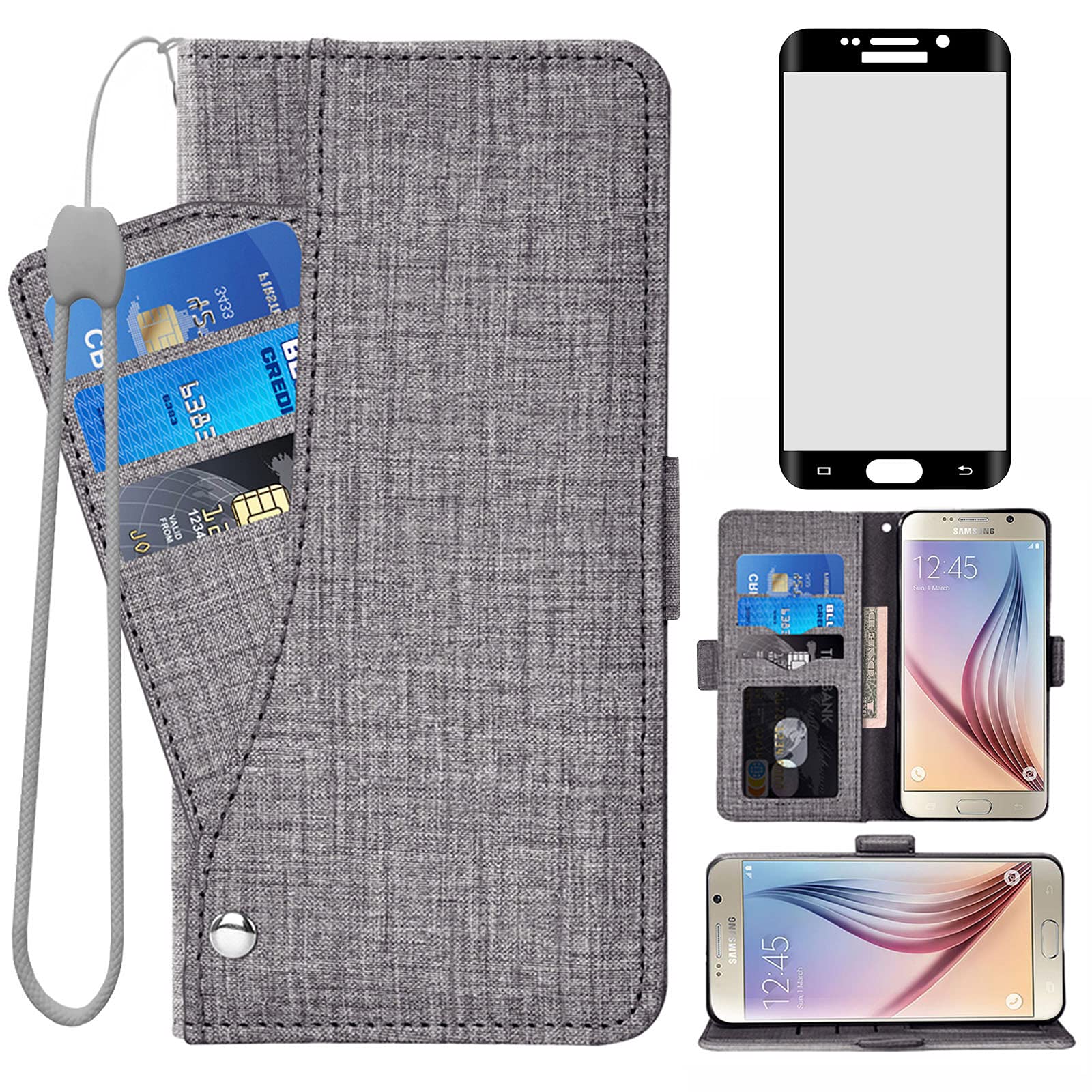 Asuwish Compatible with Samsung Galaxy S6 Edge Wallet Case and Tempered Glass Screen Protector Leather Flip Cover Card Holder Cell Accessories Phone Cases for Glaxay S6edge 6s 6 S 6edge Women Black