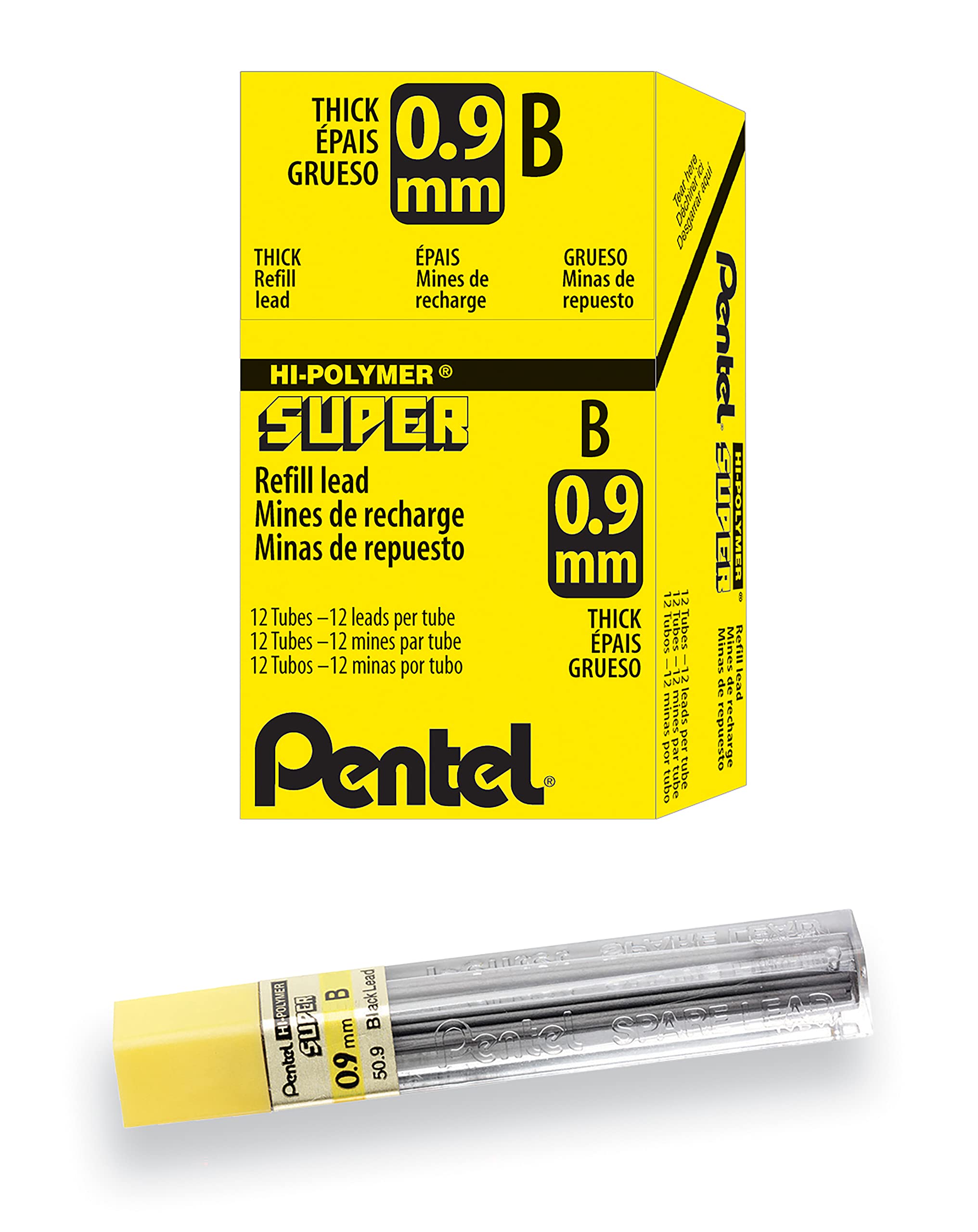 Pentel Super Hi-Polymer Leads, 0.9mm, Grade B, 1 Box of 12 Tubes