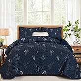 Drucon Navy Queen Size Quilt Set Branch Bedspread Coverlet Set, Navy Blue Botanical Floral Pattern Quilted Bedding Set 3 Piece Soft Lightweight Microfiber Bed Cover for All Season (96''x90'')