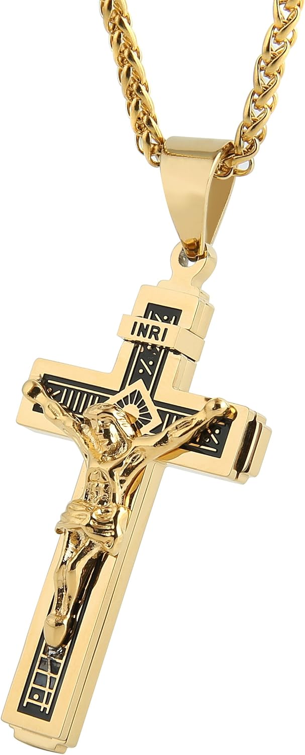 HZMAN Catholic Jesus Christ on INRI Cross Crucifix Gold Silver Tone stainless steel Pendant Necklace 22+2 Chain