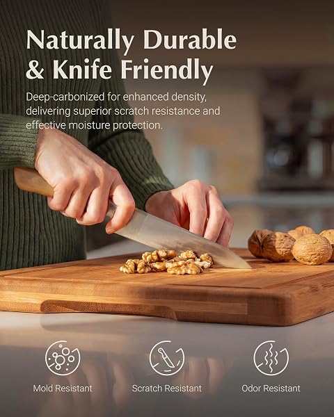 JINGNING DEEP-CARBONIZED BAMBOO CUTTING BOARD SET FOR KITCHEN WITH WOOD STORAGE STAND, DEEP JUICE GROOVES, EASY-GRIP HANDLES & NON-SLIP PADS, PREMIUM KITCHEN GIFT