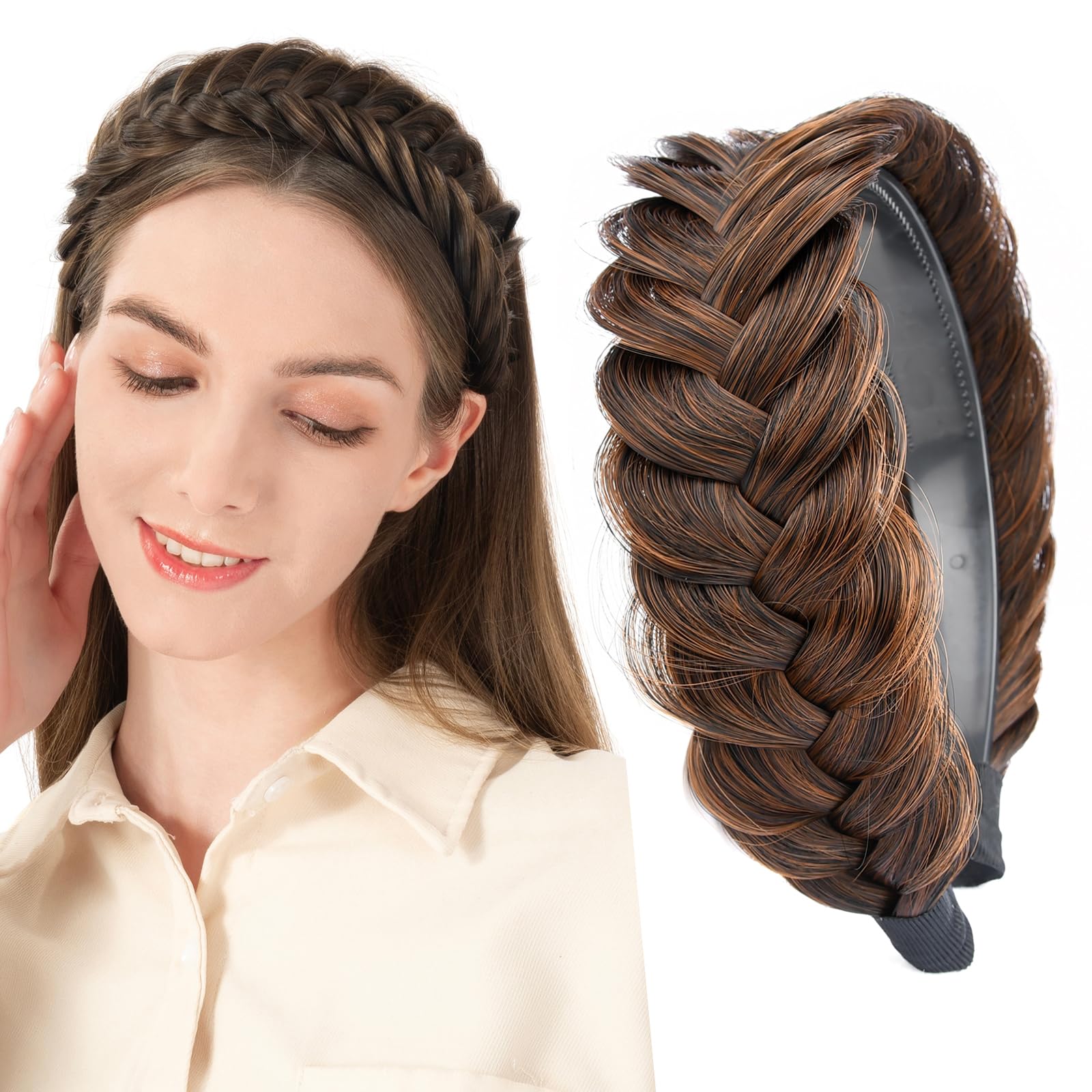 BOBIYA Wide Braided Headband with Teeth Braid Headbands With Teeth for Women Braided Hair Headbands with Tooth (Auburn) — image 1