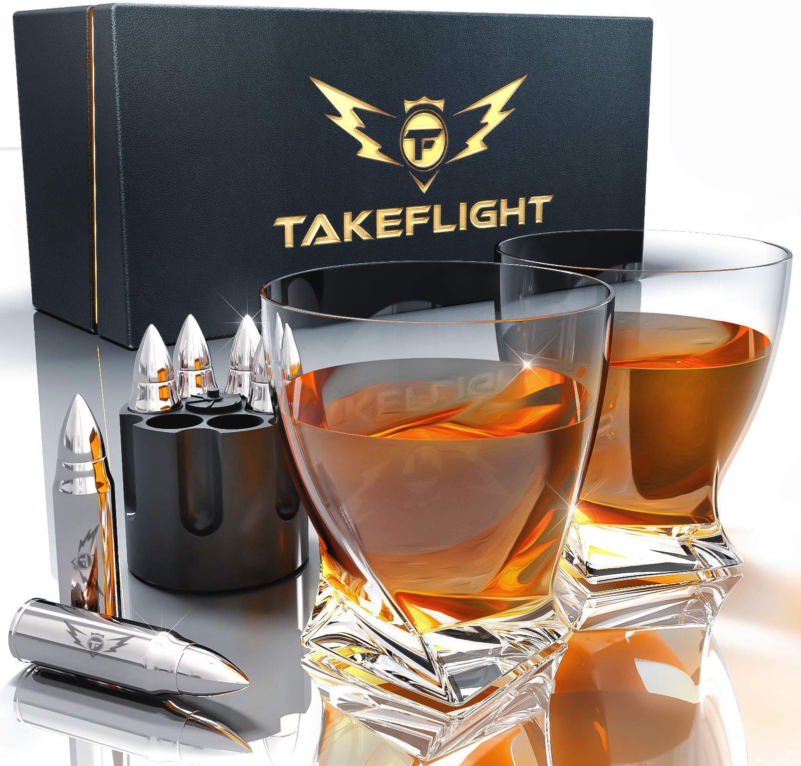 Whiskey Glasses and Whiskey Stone Set - Premium Scotch/Bourbon Whiskey Glass Set of 2 in Gift Box | Stainless Steel Whisky Stones Shaped Like Rockets | Bar Set Up for Cool Man Cave (Twist Glasses)