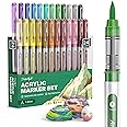 JusArt Acrylic Paint Markers Brush Tip 24 Colors, Water Based Acrylic Markers with Automatic Ink Control System, Waterproof Acrylic Paint Pens for Rock Painting, Wood, Fabric, Egg, Christmas Gift