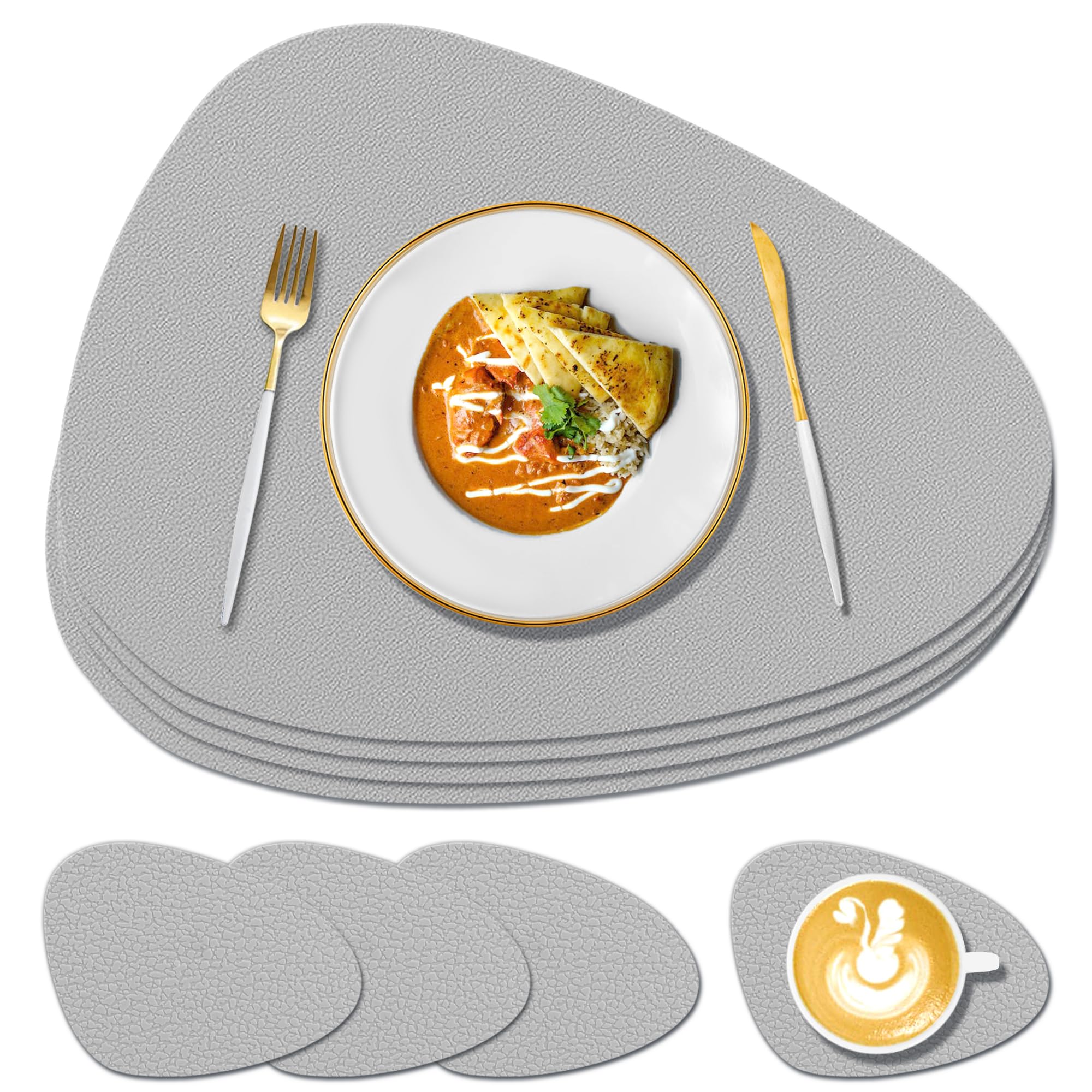 KERYCHIN 4 Silicone Place Mats and 4 Washable Coaster Set, Heat Resistant 450 °F, Non-slip Texture Design, Wipeable Dining Accessories for Restaurant, Kitchen, Home, Outdoor Table, Light Grey