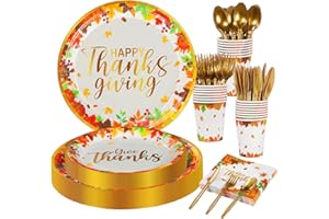 GIFTPEAK 175Pcs Thanksgiving Plates and Napkins Set, Disposable Thanksgiving Dinnerware Set for 25 Guests with Maple Leaves Gold Paper Plates Cups Napkins Forks Knives Spoon for Fall Party Harvest Supplies