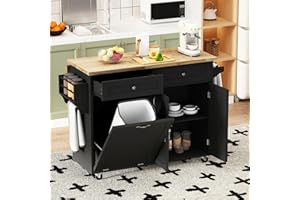 Fingertip WD Kitchen Island with Drop Leaf,Kitchen Island Cart W/Rolling Trash Cabinet,Folding Drop Leaf,2 Drawers,Movable Carts on Wheels with Spice Rack&Towel Rack for Home, Dining Room(Black)