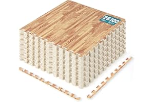 Happygrill 100 Sq. Ft. Interlocking Foam Floor Tiles, 25 PCS 2/5 Thick Wood Grain EVA Foam Mat w/50 Borders, 24” x 24” Puzzle Exercise Mats Protective Flooring for Home Gym, Apartment