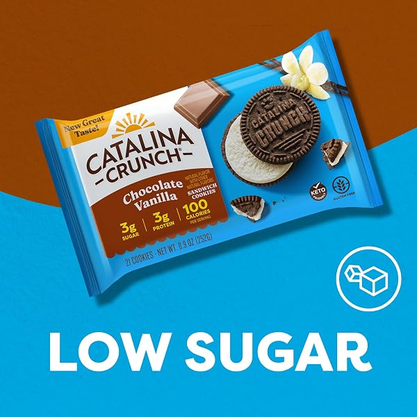 CATALINA CRUNCH PROTEIN COOKIES, 4G PROTEIN PER SERVING – LOW-SUGAR SANDWICH COOKIES – GLUTEN FREE, VEGAN – KETO DESSERT SNACKS – CHOCOLATE VANILLA, 8.9 OZ. (21 COUNT)