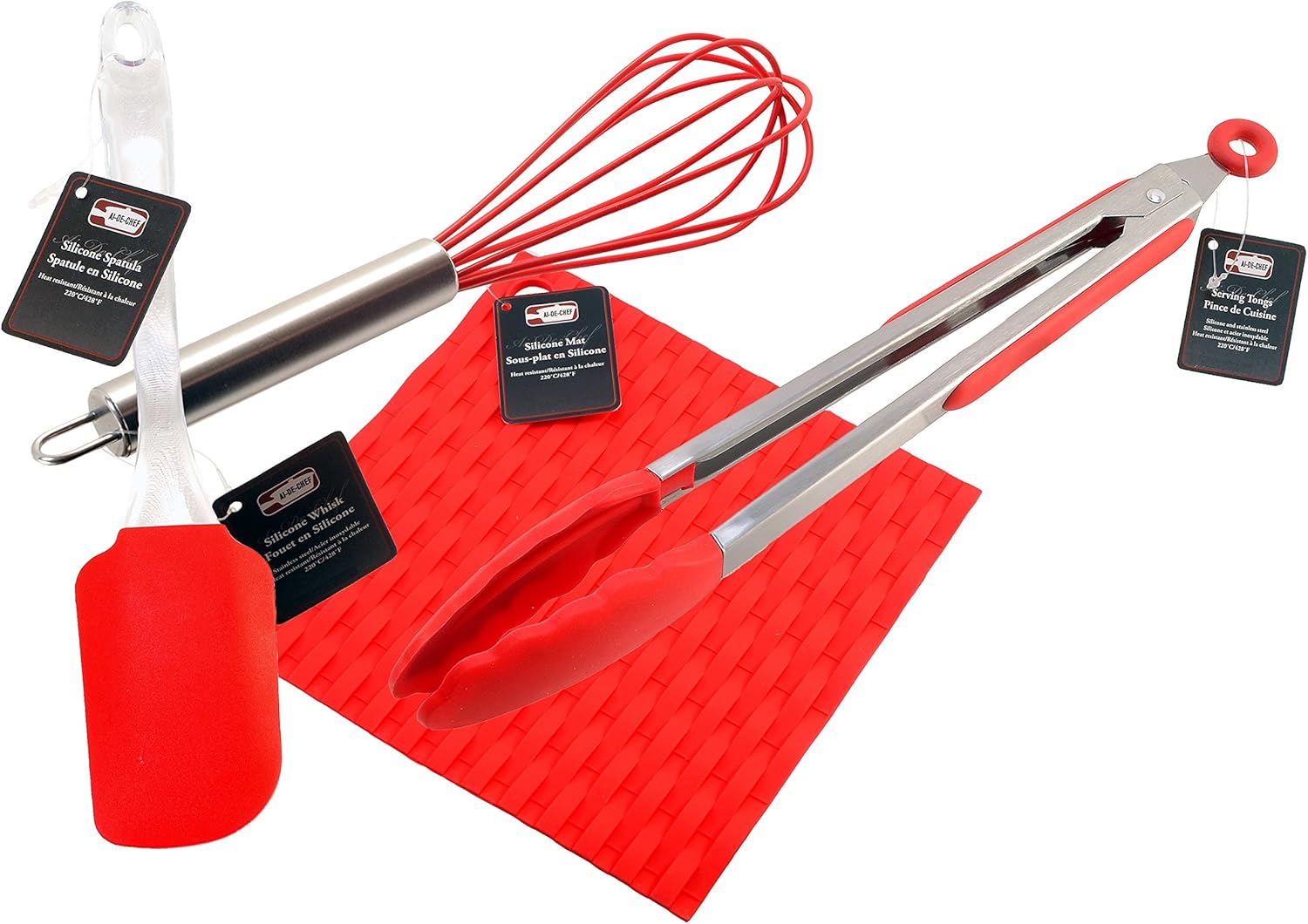 Silicone Whisk, Tongs, Spatula, Pot Holder Combo Dishwasher Safe Heat Resistant