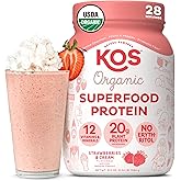 KOS Vegan Protein Powder, Strawberries & Cream USDA Organic - Low Carb Pea Protein Blend, Plant Based Superfood with Vitamins & Minerals, Gluten Free - Meal Replacement for Women & Men - 28 Servings