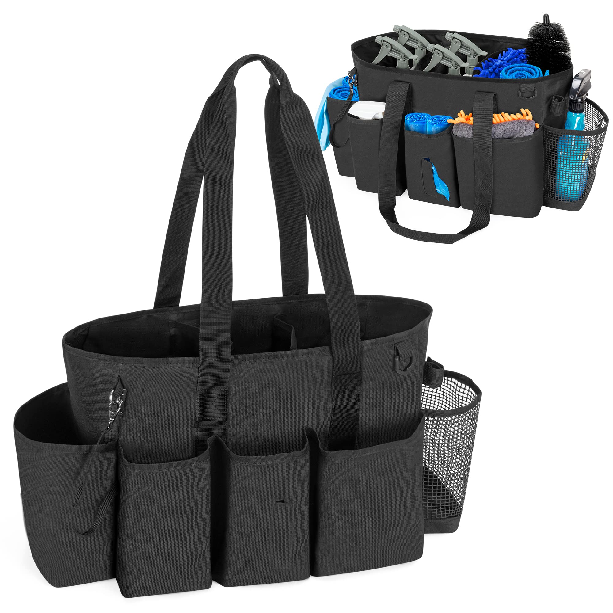 LoDrid Tote Cleaning Bag with Dividers, Cleaning Caddy Organizer with Handle Strap for Cleaning Work, Black, Bag Only