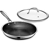 HexClad Hybrid Nonstick 10-Inch Fry Pan with Tempered Glass Lid, Stay-Cool Handle, Dishwasher and Oven Safe, Induction Ready,