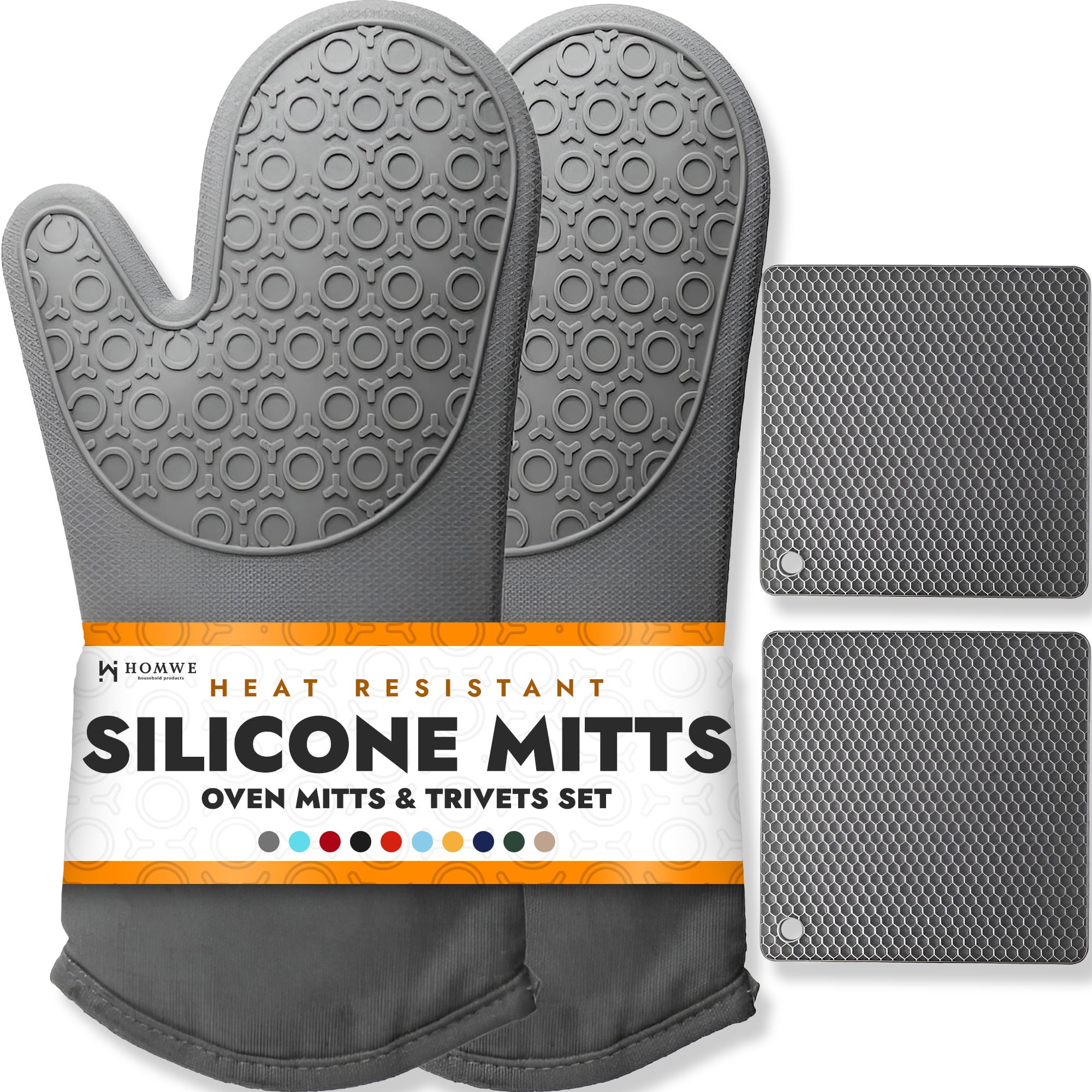 HOMWE Silicone Oven Mitts and Pot Holders, 4-Piece