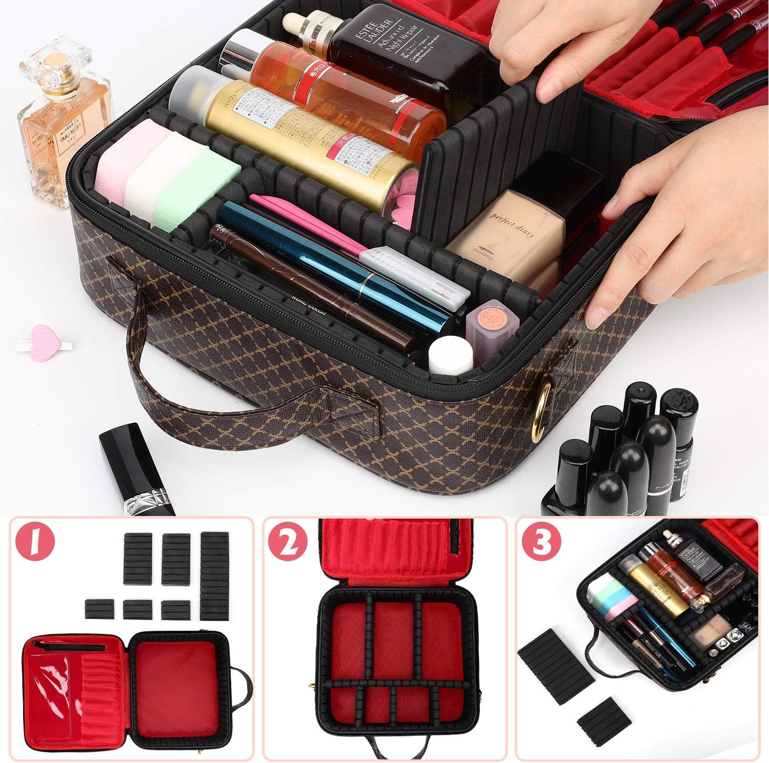 Makeup Bag Organizer Travel Case Cosmetic Large Make Up Bags Train Toiletry PU Leather Portable Waterproof With Adjustable Dividers for Women Girls (Brown)