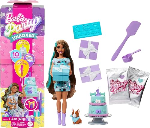 Barbie Party Unboxed Doll & Accessories, Pet Birthday Series Party Stars Set with 10 Surprises Including Color Change & Cake-Decorating Activity, JFG72