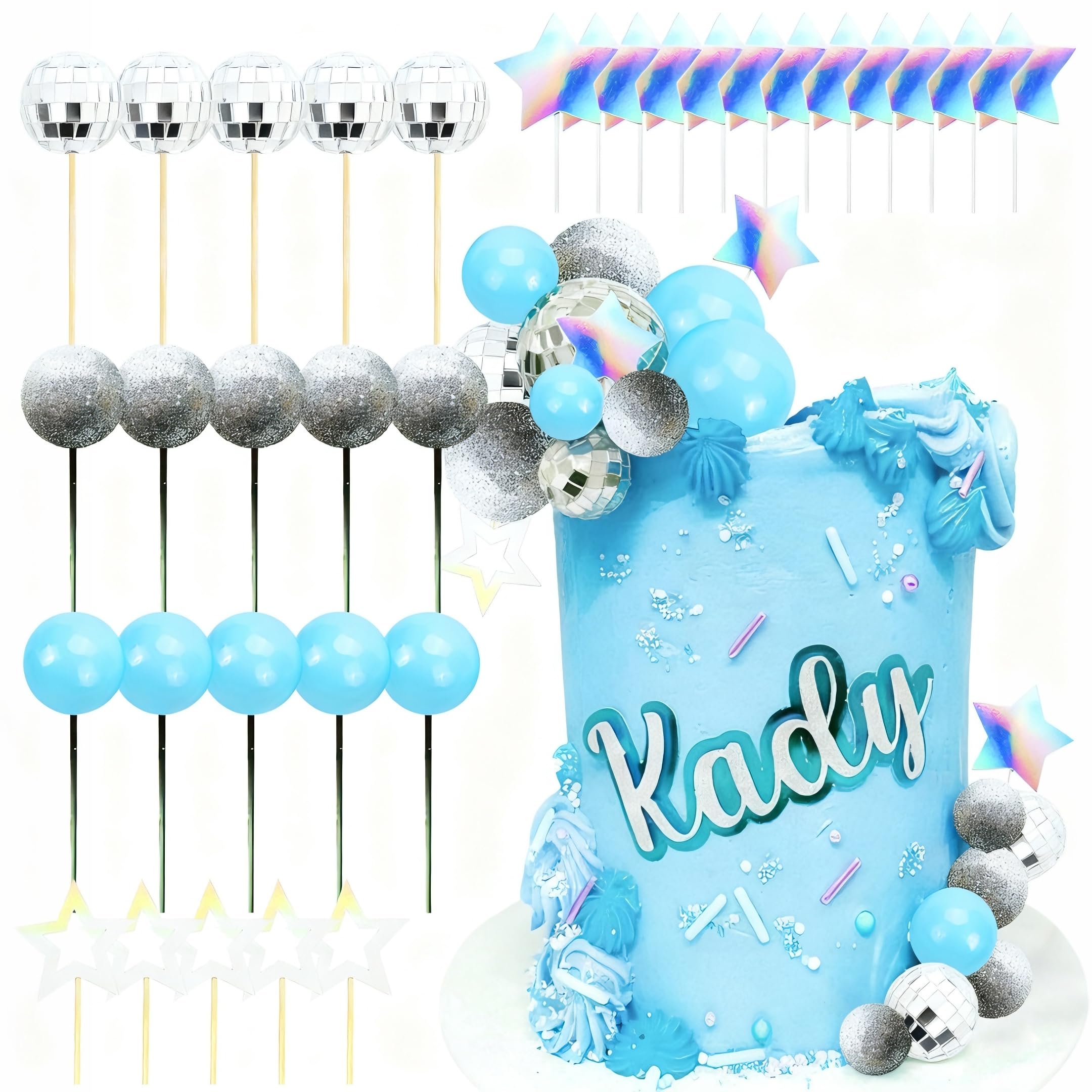 JeVenis Blue Disco Balls Cake Topper Dancing Queen Cake Topper 80s Cake Decorations Silver Blue Cake Decorations Disco Ball Cake Toppers