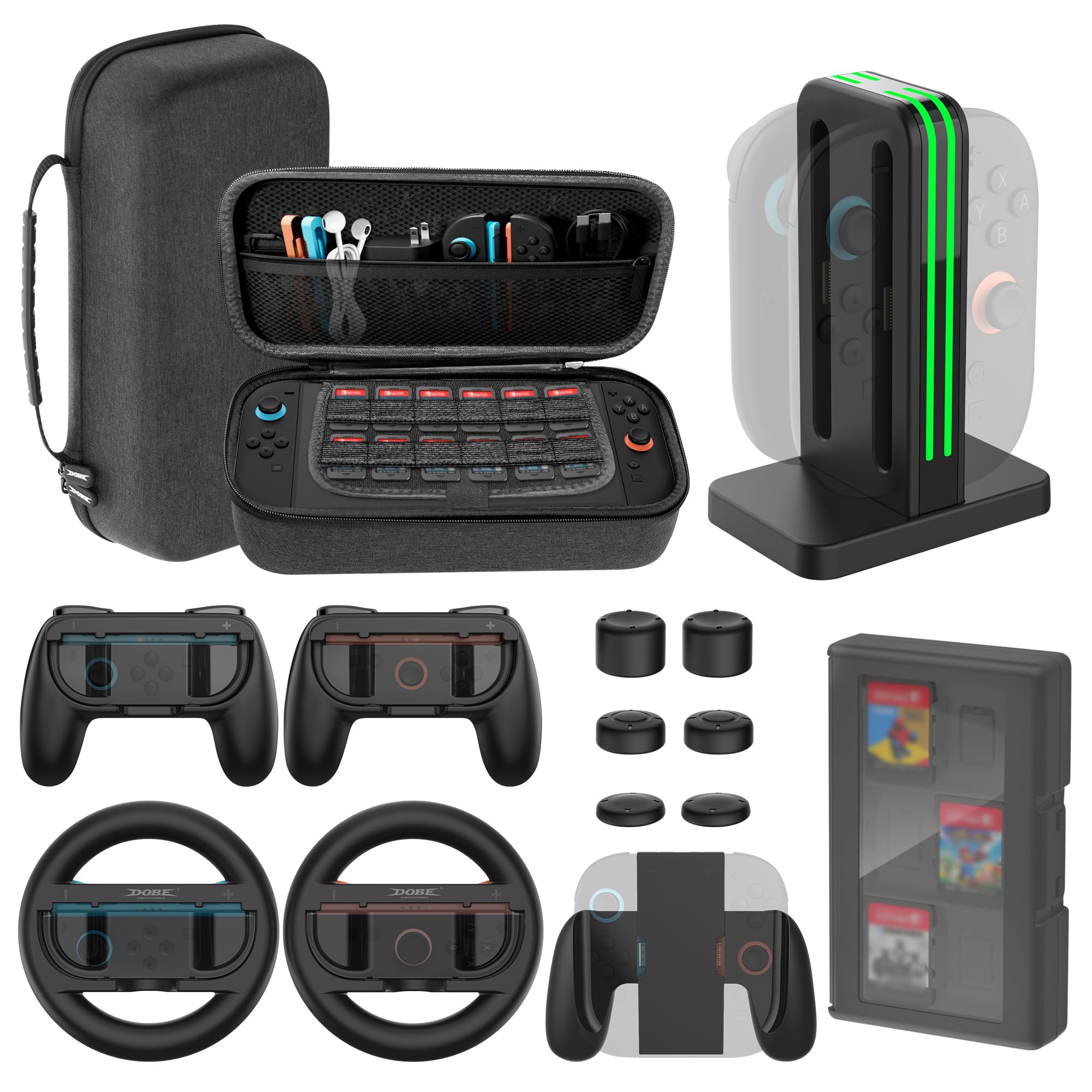 Photo 1 of (14 in 1) Orzero Accessories Bundle for Switch 2 2025 Carrying Case & Joy-con Charging Station, 24 Slots Game Card Case, Thumb Grip Caps, Joycon Grips and Steering Wheels for Enhanced Games Play - Black