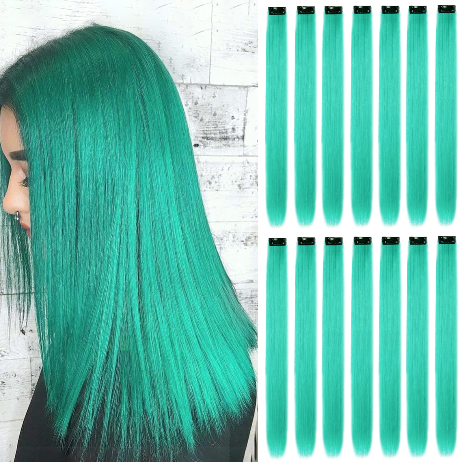 16Pcs Colored Clip in Hair Extensions, 22 Inch Colorful Highlights Hairpieces Straight & Long Heat-Resistant Synthetic Hair Accessories for Kid Girls Women Party Hair Decor (16Pcs-Turquoise)