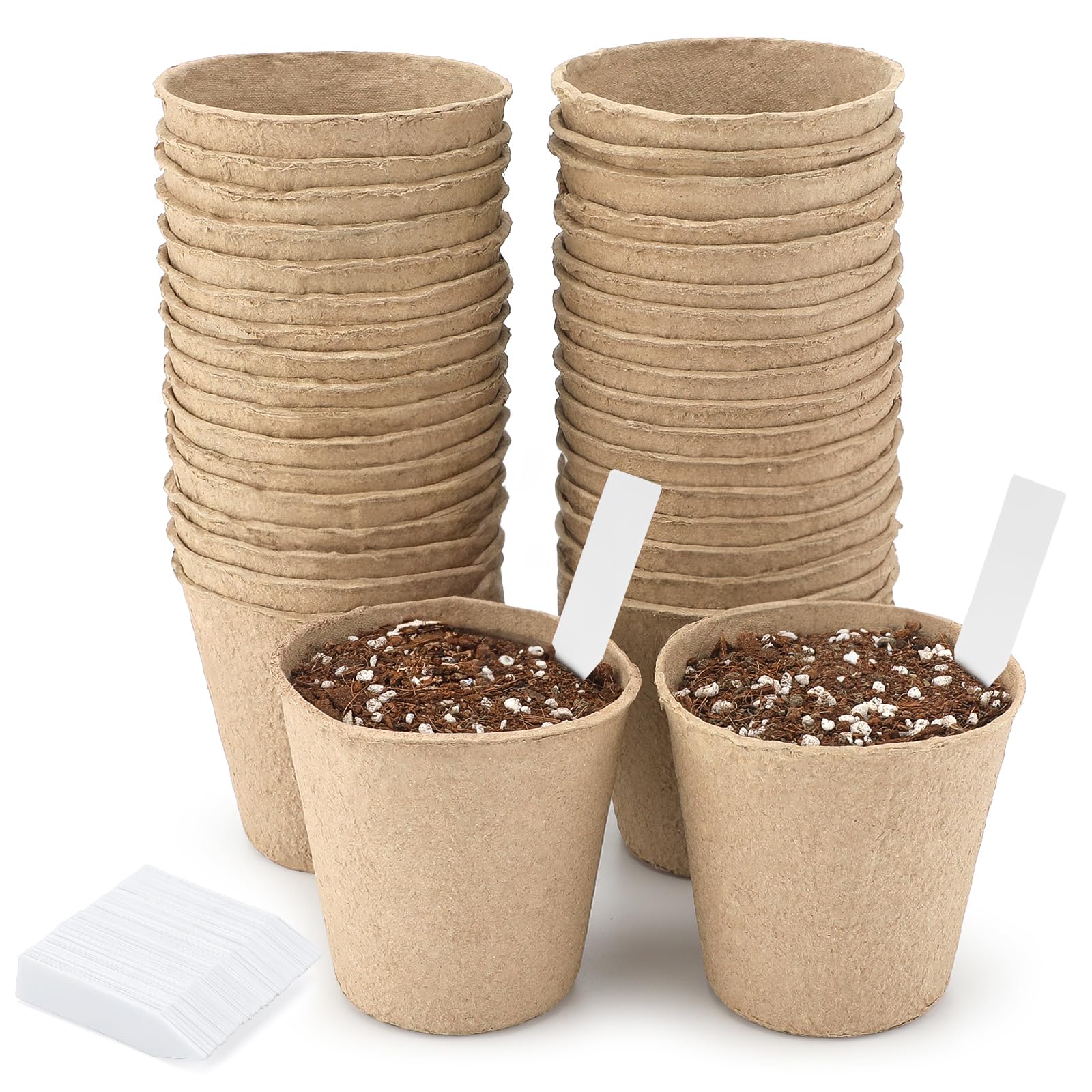 KINGLAKE Biodegradable Small Plant Pots Seedling Pots, 8cm 50 Pcs Compostable Flower Seed Pots for Planting Vegetables, Fruits, Herbs