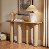 Coastal 59 Inch Long Narrow Console Table for Foyer, Natural Entryway Table | Woven Rattan Legs, Wood Tabletop, Space-Saving, Farmhouse Style, Easy Assembly, Table Behind Couch, for Hallway Living Room