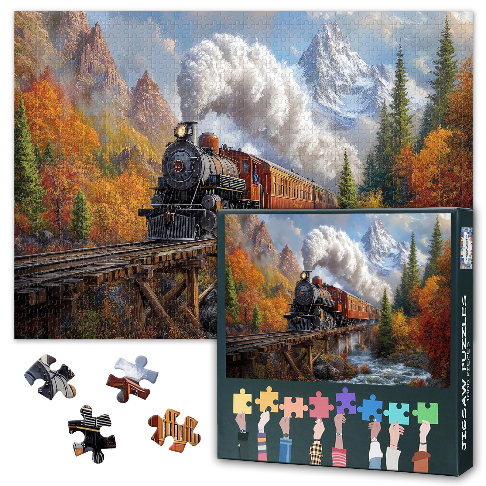 1000 Piece Steam Train Jigsaw Puzzle for Adults Mountain Landscape with Fall Foliage Autumn Scenic Puzzle Vintage Railroad and Rushing River Nature Therapy Puzzle 27.5x19.7 Inch — image 1