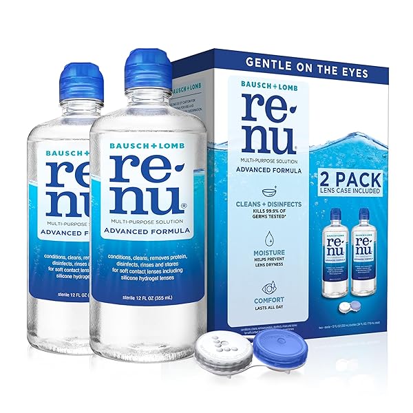 RENU CONTACT LENS SOLUTION, ADVANCED FORMULA, MULTI-PURPOSE SOLUTION WITH LENS CASE, GENTLY CLEANS, DISINFECTS, MOISTURIZES & HYDRATES SOFT LENSES FOR ALL-DAY COMFORT, 12 FL OZ (PACK OF 2)