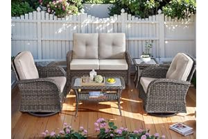 HUMMUH 5-Piece Patio Furniture Wicker Outdoor Conversation Set,All-Weather Rattan Swivel Chairs Bistro Set with Loveseat Coffee Table for Backyard,Poolside,Deck(Brown/Beige)