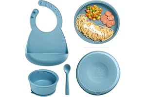 KUB Silicone Baby Feeding Set, Self Feeding Baby Utensils with Suction Baby Bowl Plate Blue