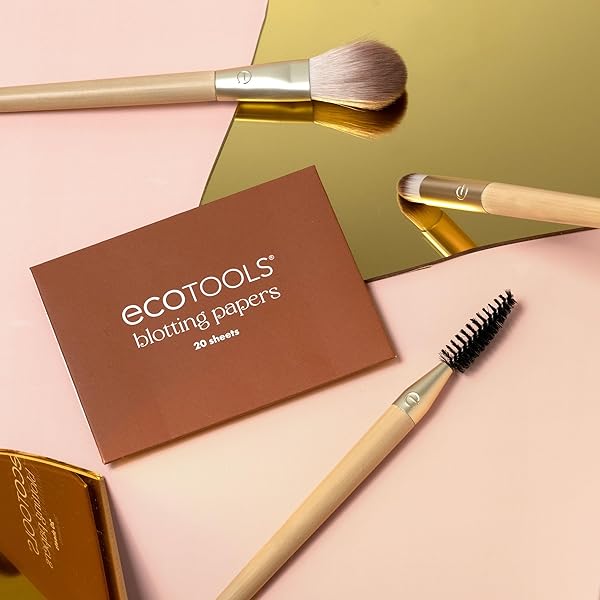 ECOTOOLS LIMITED EDITION TOUCH UPS & TINSEL FACE KIT, MAKEUP BRUSH SET FOR POWDER, CONCEALER, & BROWS, CONTROL OIL WITH BLOTTING PAPERS, ECO-FRIENDLY MAKEUP TOOLS, CRUELTY-FREE, 4 PIECE GIFT SET