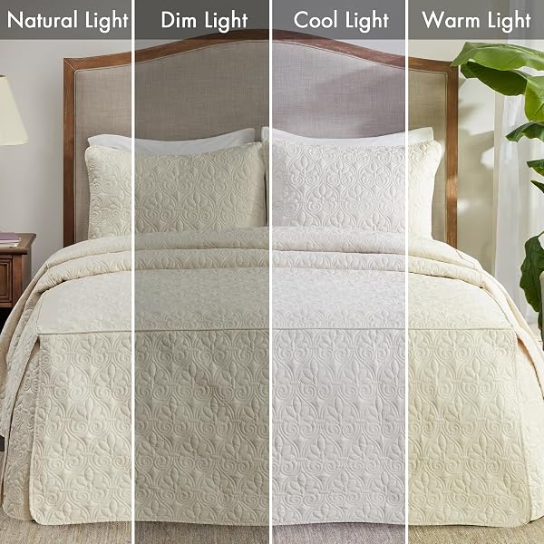 MADISON PARK QUEBEC SPLIT CORNER QUILTED BEDSPREAD CLASSIC TRADITIONAL DESIGN ALL SEASON, LIGHTWEIGHT, BEDDING SET, MATCHING SHAMS, QUEEN, DAMASK QUILTED CREAM 3 PIECE