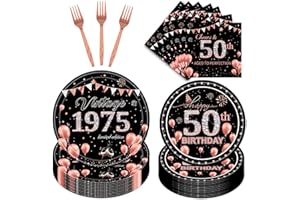 refavor 50th Birthday Party Tableware, 96PCS Vintage 50th Birthday Decorations for Women Her, Rose Gold 50 Years Old Paper Plates Forks Napkins Dinnerware Supplies