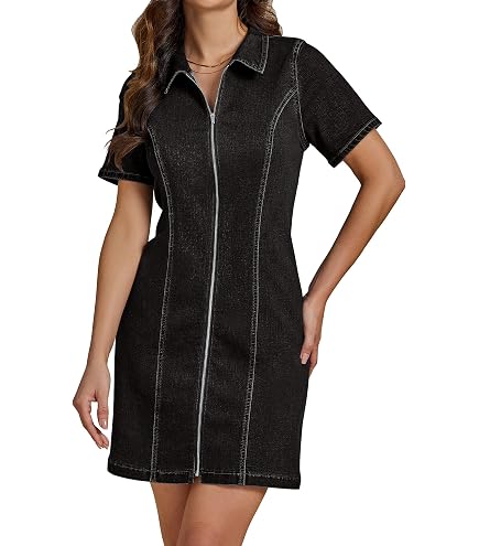 ZIP FRONT DENIM DRESS,Dark Wash,Medium at Amazon Women's Clothing store