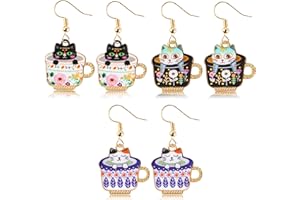 BeYumi 3Pairs Dangling Cat Earrings Mother's Day Ladies Kawaii Aesthetic Cartoon Kitten Teacup Alloy Drop Dangle Earrings With Hypoallergenic French Hook Animals Lover Gift Party Favors for Girl Women