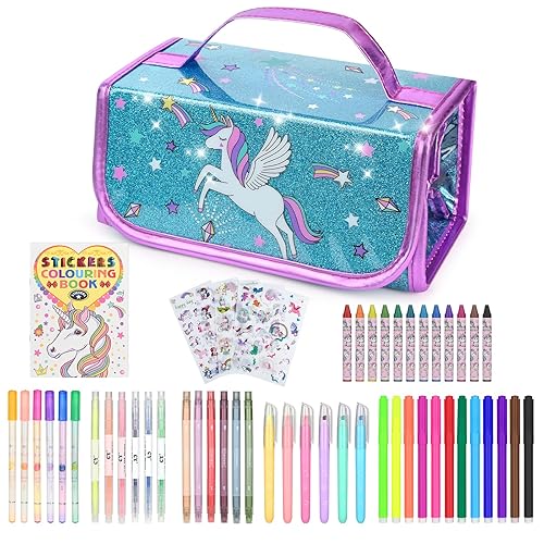 nasominako 54 PCS Washable Scented Markers Set for Kids, Unicorn Colouring Set for Kids Ages 4-8, Art Supplies for Girls 4-8 Year Old, Unicorn Pencil Case, Christmas Birthday Gift