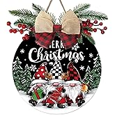 Bolisom Merry Christmas Gnome Front Door Sign, Xmas Tree Wood Hanger Outdoor Outside Porch Home Decor, Winter Holiday Wooden Wreath with Plaid Bow Indoor Wall Hanging Decoration
