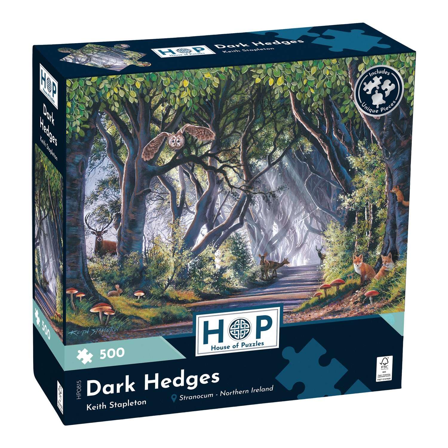 The House of Puzzles | Dark Hedges 500 Piece Jigsaw Puzzle | Nighttime Theme | Artwork by Keith Stapleton | Sustainably Made FSC Certified Board | 13 x 19 in