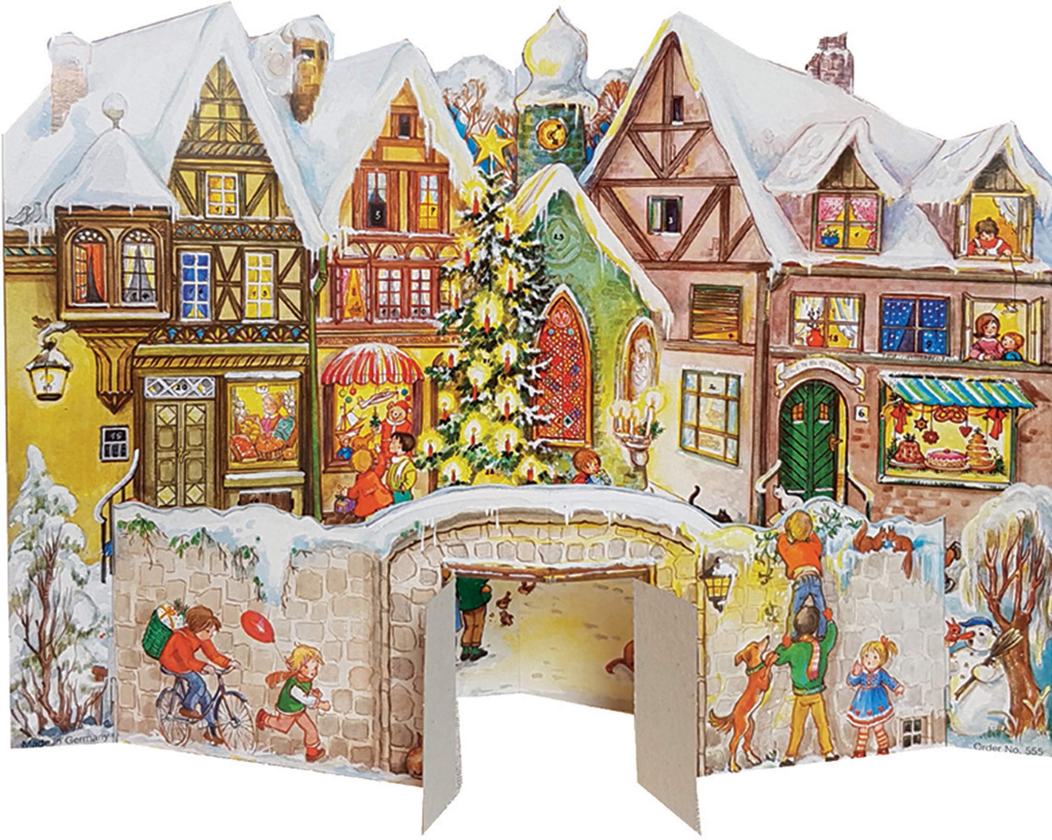Large Two Part Free Standing Advent Calendar 24 Doors 370 x 265 mm - Snowscene Glitter Children Playing House - with Glitter and Translucent Windows - RS 555 - Traditional Antique German Design