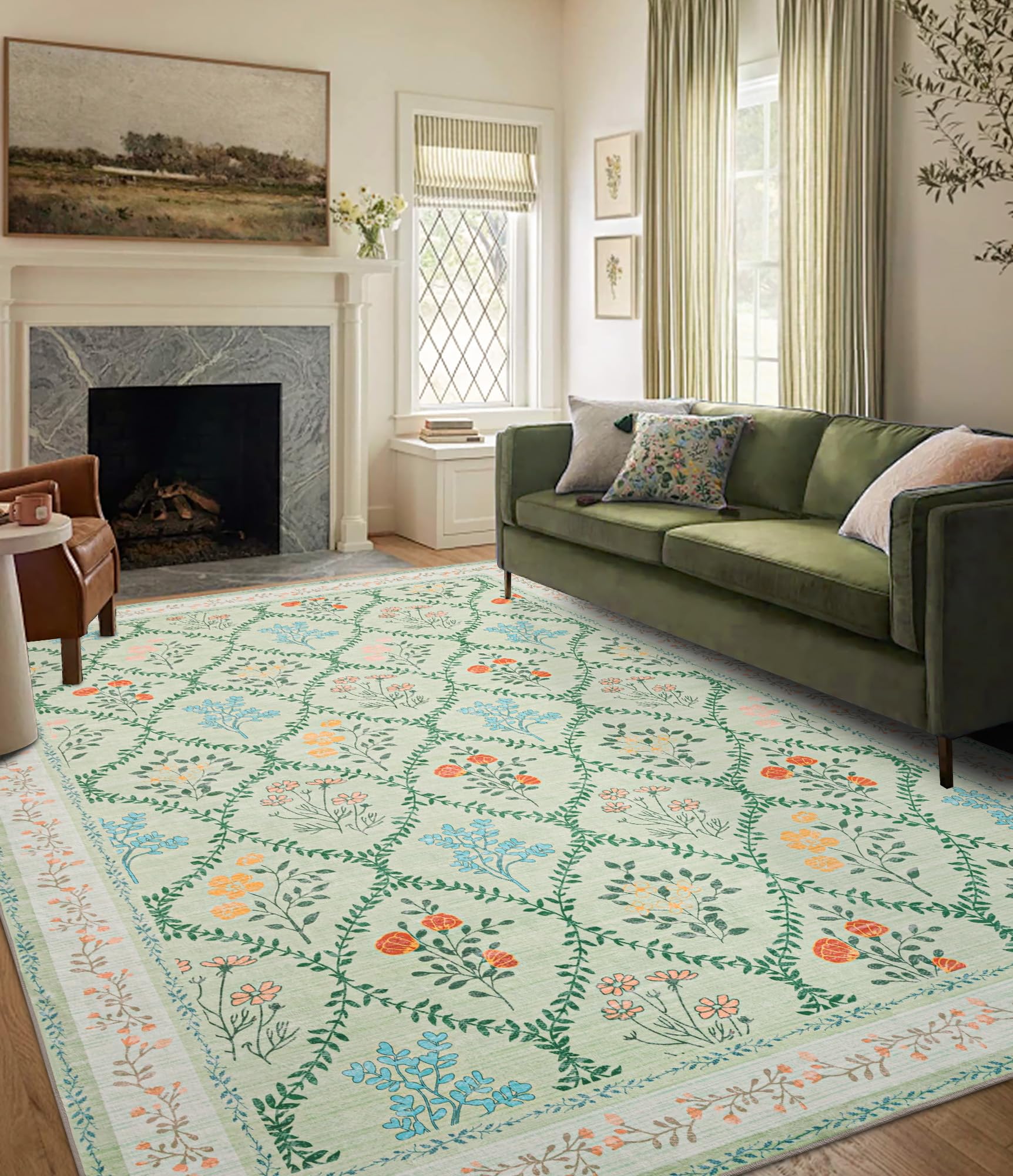 Photo 1 of ***FACTORY SEALED*** YIHOUSE Green Floral Print Rugs, Moroccan Trellis 9x12 Washable Large Rug, Modern Pastel Non Slip Ultra-Thin Area Rug for Classroom, Nursery Playroom,Dorm,Bedroom,Living Room, Green Multi