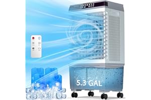 KEGIAN Evaporative Air Cooler, Swamp Cooler with 5.3 Gallon Water Tank, Remote Control, 12H Timer, 3 Modes & Speeds, 110° Oscillation, Portable 3-IN-1 Cooling Fan for Bedroom Home Office (Grey)