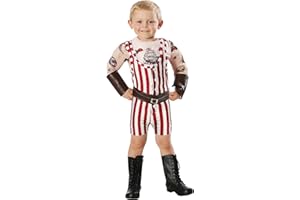 FUN COSTUMES Strongman Costume for Toddler Boys, Vintage Red Striped Singlet with Faux Leather Gauntlets and Belt