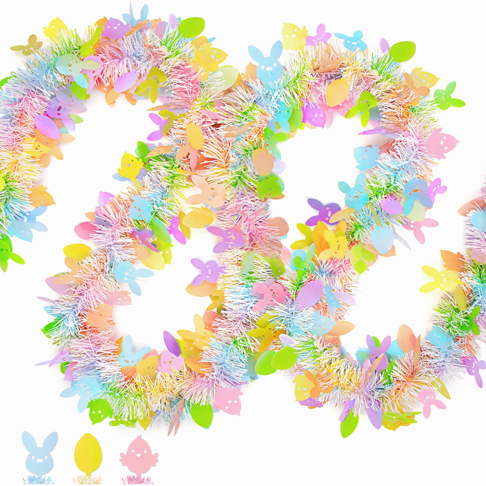 65 Ft Easter Tinsel Garland Decor, Glitter Spring Garland Easter Decorations with Pastel Colorful Eggs Bunny Rabbit Chicken for Home Tree Mantle Bedroom Office Classroom Indoor Outdoor Holiday Party