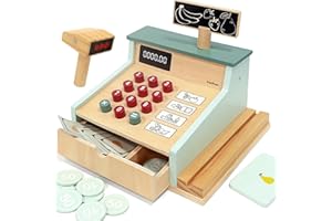 PairPear Wooden Toy Cash Register,Kids Pretend Play Money Counting Toys with Scanner and Credit Card,Toddler Cashier Toy Grocery Play Food Accessory for Pre-School Gift Boys Girls 3+