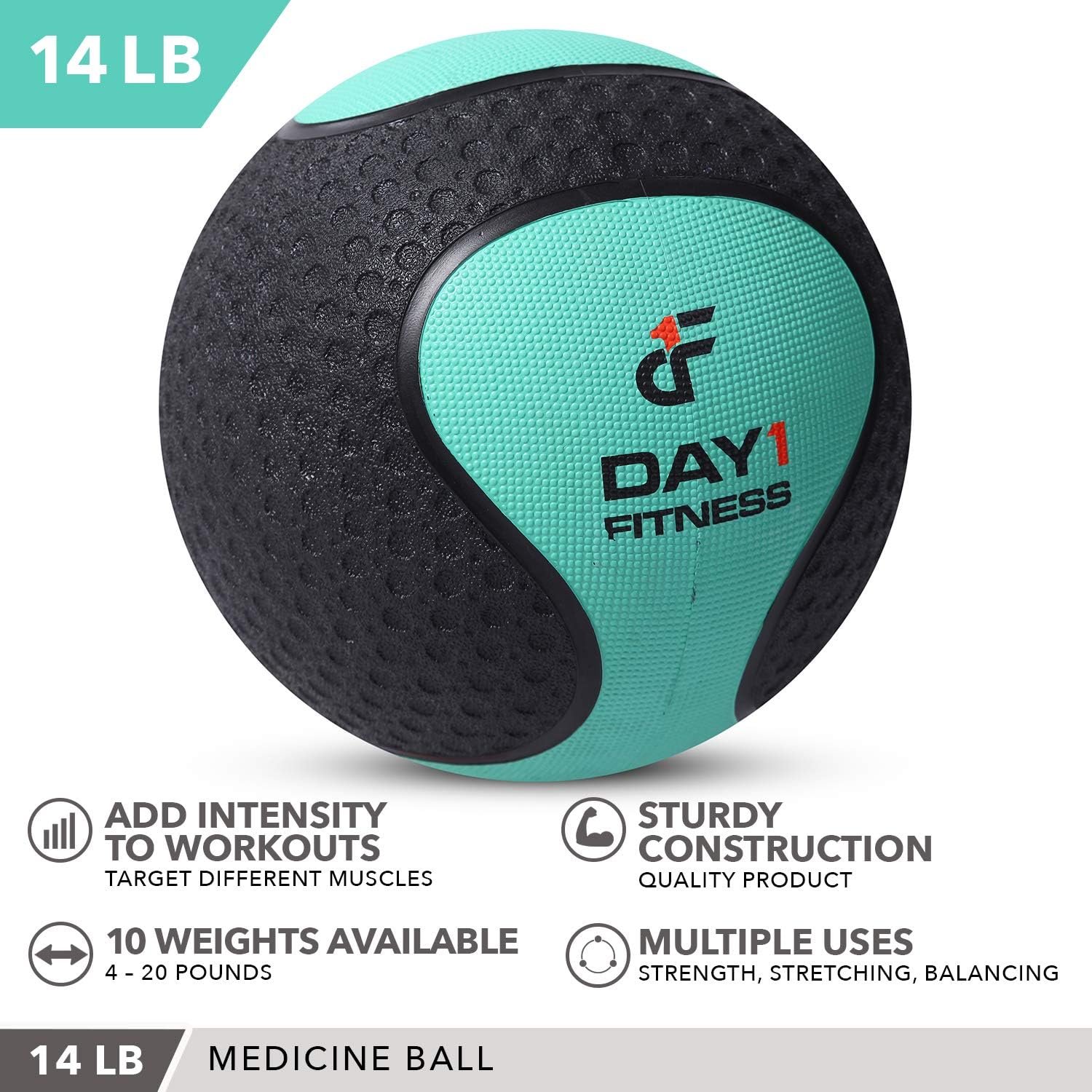 Medicine Exercise Ball with Dual Texture for Superior Grip by Day 1 Fitness - 14 Pounds - Fitness Balls for Plyometrics, Workouts - Improves Balance, Flexibility, Coordination : Sports & Outdoors