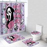 XYLYOUFLE Halloween Shower Curtain Set Pink Spooky Ghost 72x72 Inch 4Pcs Bathroom Accessory Sets with Anti-Slip Rugs Toilet Lid Cover Bath Mat for Halloween Bathroom Decor (A)
