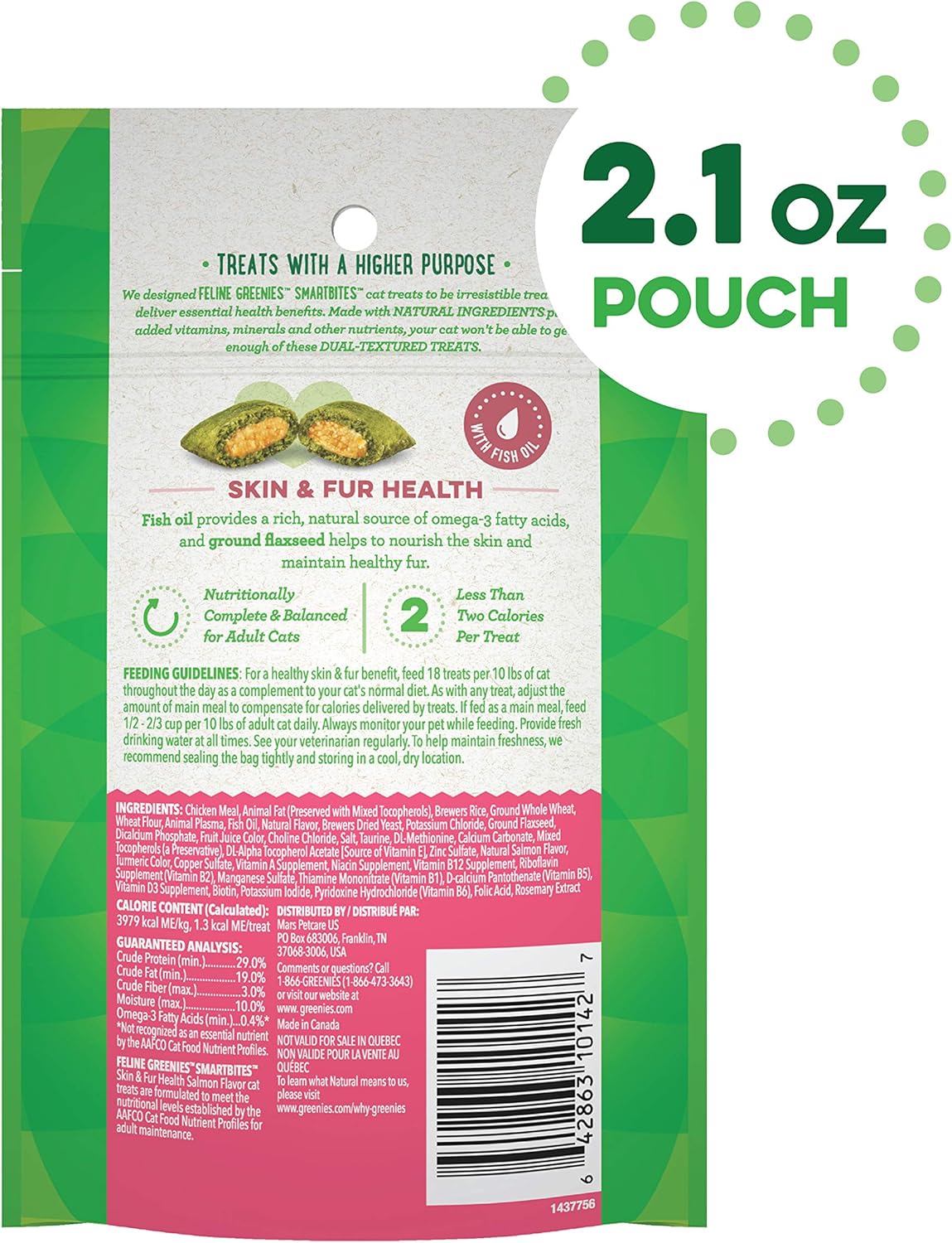FELINE GREENIES SMARTBITES Skin & Fur Crunchy and Soft Natural Cat Treats, Salmon Flavor, 2.1 oz. Pack : Pet Snack Treats : Pet Supplies