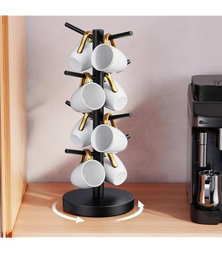 Evelots Wooden Mug Tree - Holds 8 Large Coffee Mugs, Countertop Cup Organizer With Black Finish